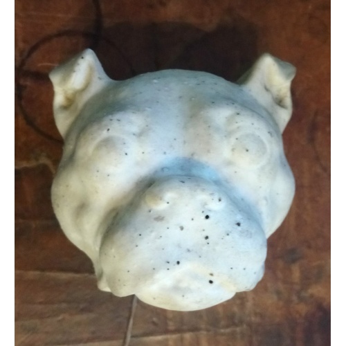 213 - A late 19th century bisque jar, modelled as a Bull dog mask, with leather removable cover and moulde... 