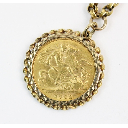 111 - An Edwardian half sovereign, dated 1902, set to a yellow gold rope twist design pendant mount, 24mm ... 