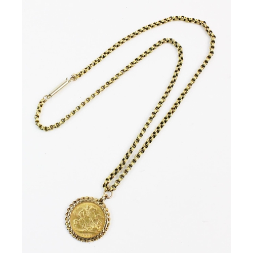 111 - An Edwardian half sovereign, dated 1902, set to a yellow gold rope twist design pendant mount, 24mm ... 