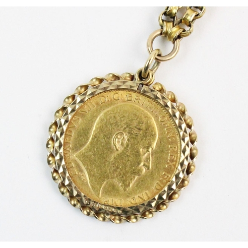 111 - An Edwardian half sovereign, dated 1902, set to a yellow gold rope twist design pendant mount, 24mm ... 