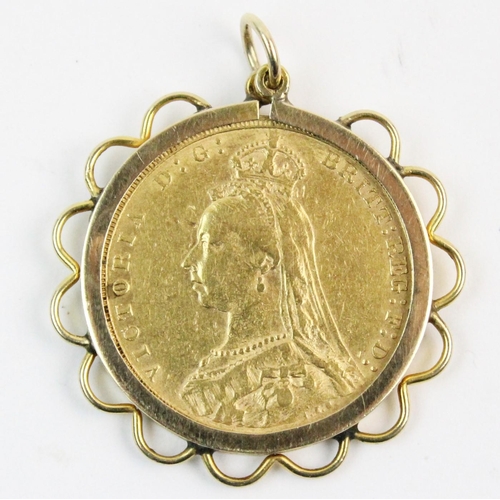 113 - A Victorian sovereign, dated 1892, set to a 9ct gold pierced design pendant mount, gross weight 9.4g... 