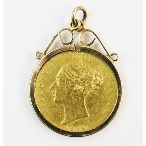 118 - A shield back half sovereign, dated 1865, set to a 9ct gold pendant mount, gross weight 5.2gms