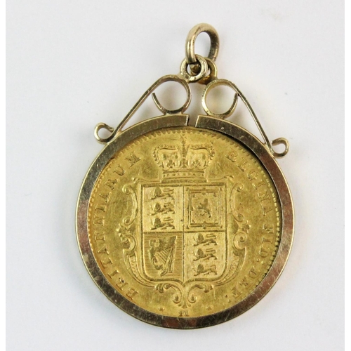 118 - A shield back half sovereign, dated 1865, set to a 9ct gold pendant mount, gross weight 5.2gms