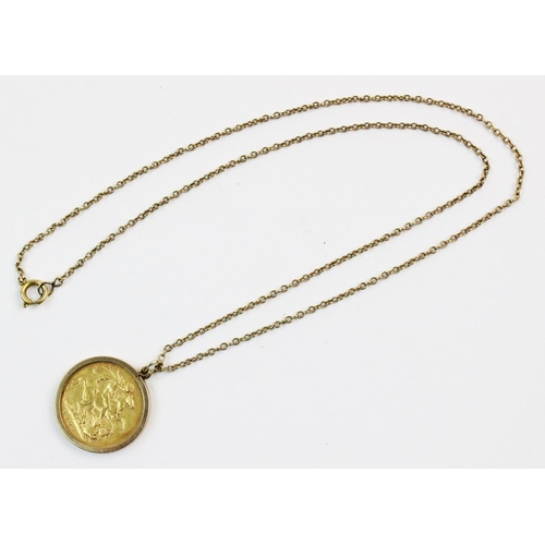 119 - An Edwardian sovereign, dated 1902, set to a 9ct gold pendant mount, suspended from a yellow metal c... 