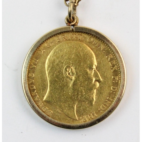 119 - An Edwardian sovereign, dated 1902, set to a 9ct gold pendant mount, suspended from a yellow metal c... 