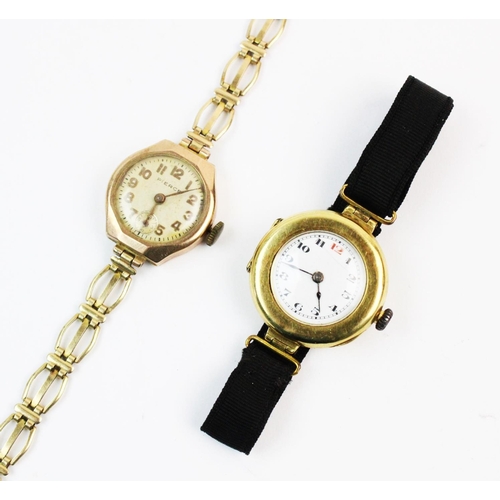 128 - A lady's continental 18ct gold vintage wristwatch, the round white dial with Arabic numerals, set to... 