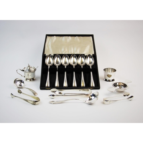 19 - A selection of silver and silver coloured items, to include, a pair of George III silver sugar nips,... 