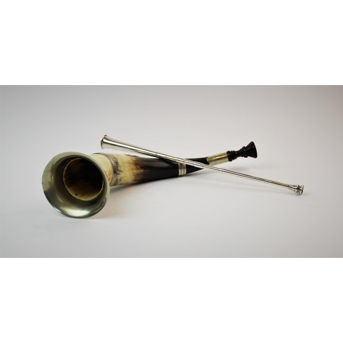 23 - A George V silver candle snuffer, E Baker & Son, Chester 1925, modelled as a hunting horn, 31cm long... 
