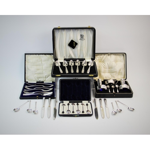 56 - A selection of cased silver and silver plated items, comprising: a cased silver condiment set, Docke... 