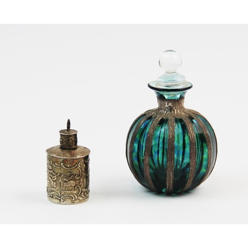 67 - A 20th century silver topped scent bottle, (marks indistinct), the turquoise glass body of pomegrana... 