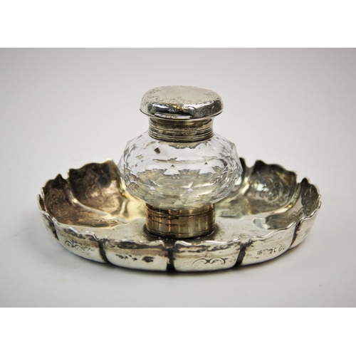 79 - A Victorian silver mounted inkwell on silver stand, Charles Thomas Fox & George Fox, London 1850, th... 