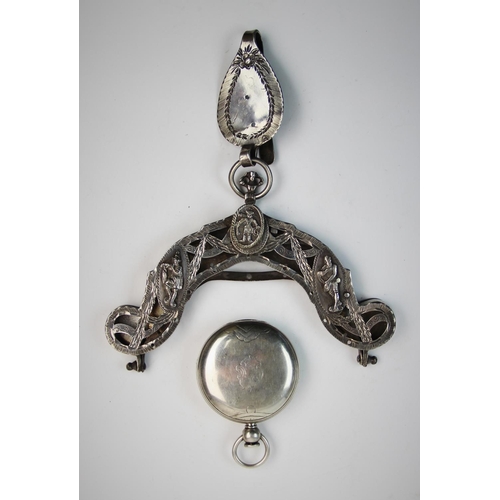 83 - A late 19th century continental white metal purse clasp, decorated with three figural panels, amidst... 