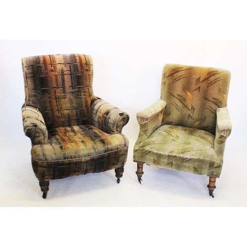 885 - A near pair of Howard type arm chairs, 19th century, the first with padded scroll arms on turned fro... 