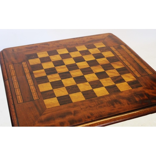 891 - A Victorian mahogany pedestal games table, the square moulded top centred with an inlaid chequered g... 