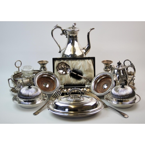 90 - A collection of silver plated wares to include; a pair of bottle coasters, entree dish, preserve sta... 