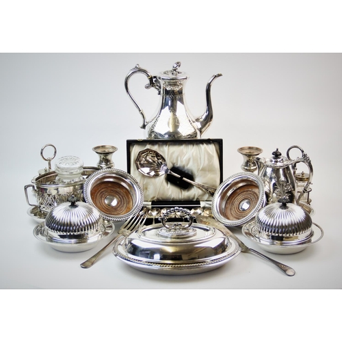 90 - A collection of silver plated wares to include; a pair of bottle coasters, entree dish, preserve sta... 