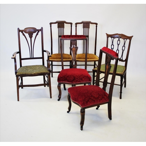 912 - Six assorted Edwardian mahogany chairs, to include a pair of bedroom chairs with lattice inlay above... 