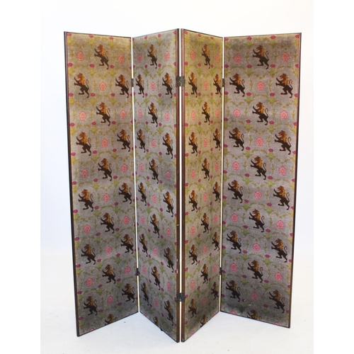 922 - An Edwardian three fold mahogany dressing screen, the needle point fabric screen with repeating hera... 