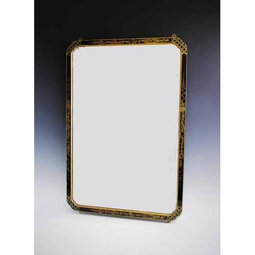 907 - An early 20th century Japanned framed mirror, the black lacquered frame with gilt decoration, enclos... 