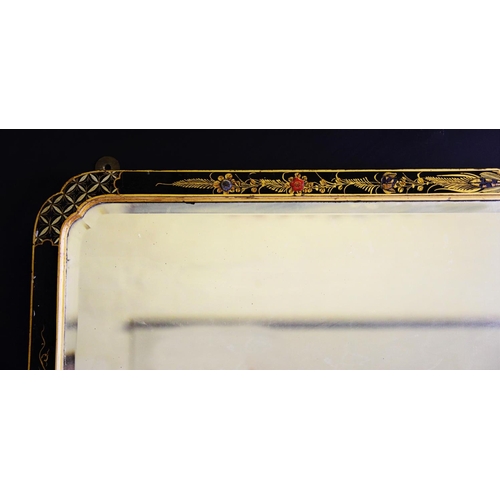 907 - An early 20th century Japanned framed mirror, the black lacquered frame with gilt decoration, enclos... 