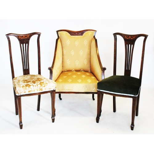 911 - An Edwardian six piece parlour suite, comprising a beech framed two seater settee, with a cupid's bo... 