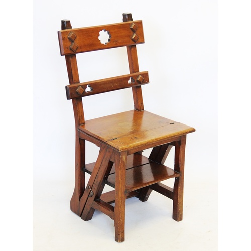 898 - A Victorian walnut child's metamorphic chair, converting to library stepladders, with Gothic influen... 