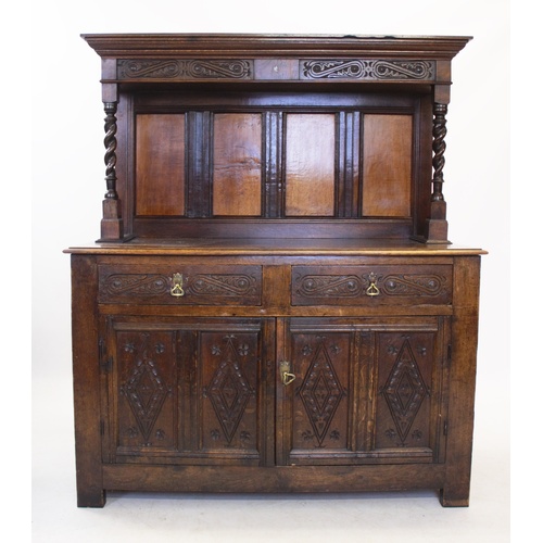 867 - An 18th century and later panel back sideboard, the raised top with barley twist supports and carved... 