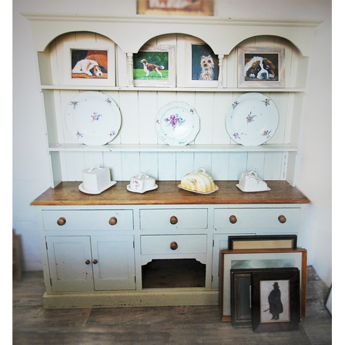 864 - A Victorian style painted pine kitchen dresser, 20th century, the high back with an arcaded frieze a... 