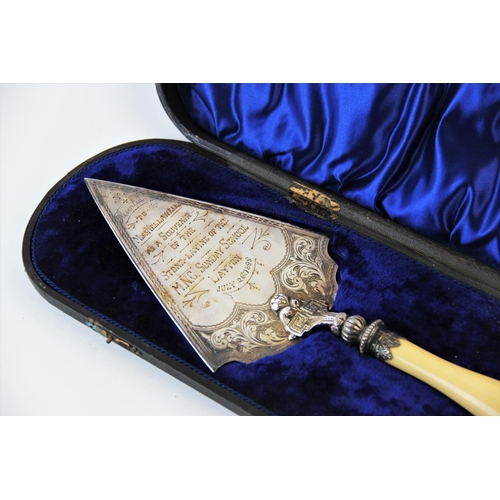 109 - A Victorian silver plated presentation trowel with turned ivory handle, engraved inscription 'To Mis... 