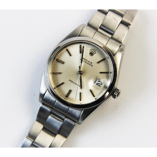 160 - A Gentlemen's Rolex Oysterdate precision stainless wristwatch, oval face with plain polished bezel e... 