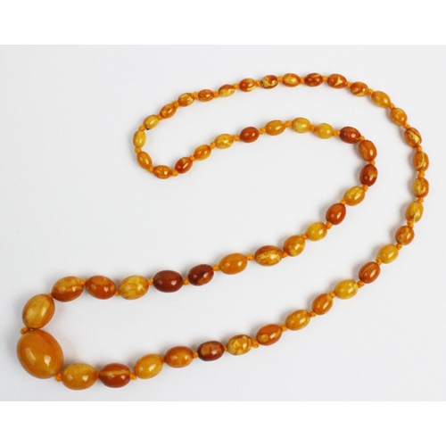 174 - A butterscotch amber necklace, designed as a single strand of fifty six graduated beads, gross weigh... 