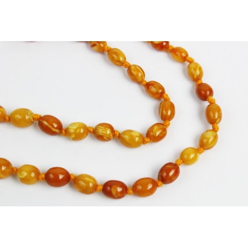 174 - A butterscotch amber necklace, designed as a single strand of fifty six graduated beads, gross weigh... 