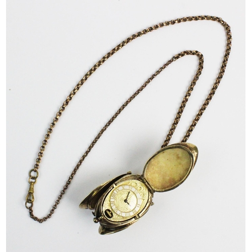 180 - A silver gilt watch pendant on chain, designed as a hanging fruit with three hinged locket 'leaf' si... 