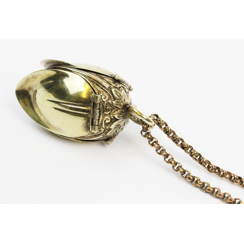 180 - A silver gilt watch pendant on chain, designed as a hanging fruit with three hinged locket 'leaf' si... 