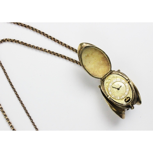 180 - A silver gilt watch pendant on chain, designed as a hanging fruit with three hinged locket 'leaf' si... 