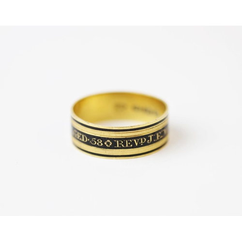 214 - A George III mourning ring, 'WH EH' London 1808, the yellow gold ring with black enamel 'Revd J E Ma... 