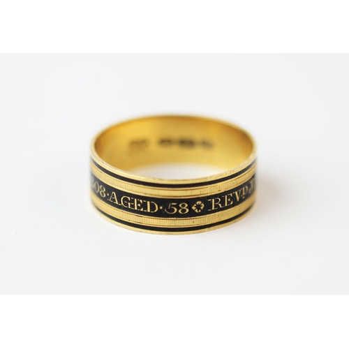 214 - A George III mourning ring, 'WH EH' London 1808, the yellow gold ring with black enamel 'Revd J E Ma... 