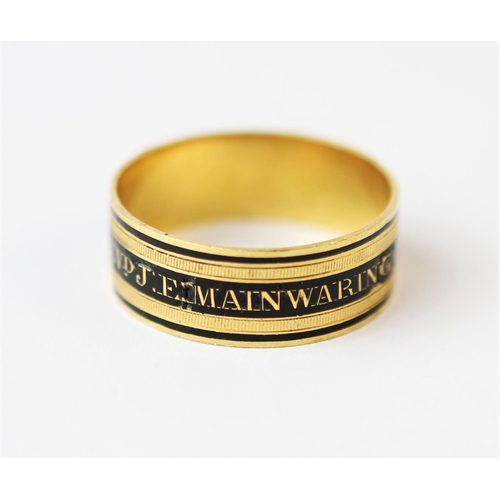 214 - A George III mourning ring, 'WH EH' London 1808, the yellow gold ring with black enamel 'Revd J E Ma... 