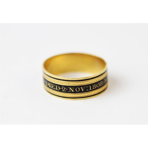 214 - A George III mourning ring, 'WH EH' London 1808, the yellow gold ring with black enamel 'Revd J E Ma... 