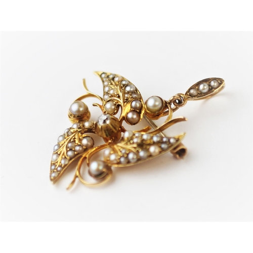 224 - An Edwardian pearl and diamond set leaf brooch and pendant, designed as three split pearl set 'leave... 