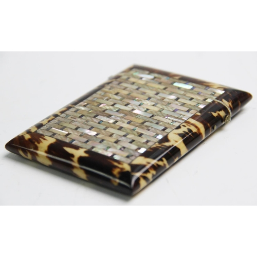 266 - A Victorian tortoiseshell and mother of pearl inlaid calling card case, of rectangular form centrall... 