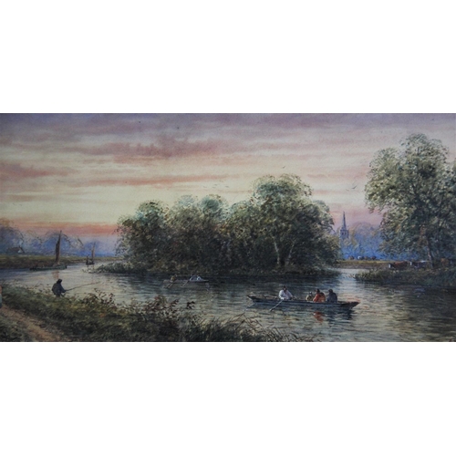 329 - English school, 19th century,  
Watercolour on paper,  
River scene with rowers, cows and church ste... 