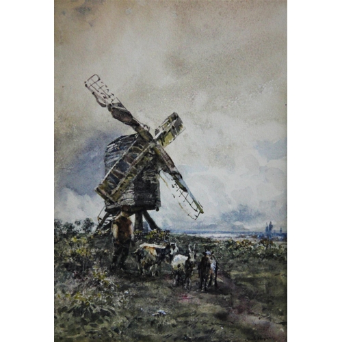 332 - Claud Hayes R.I. (Irish, 1852-1922),  
Watercolour on board,  
Farmer with windmill and goats,  
Sig... 