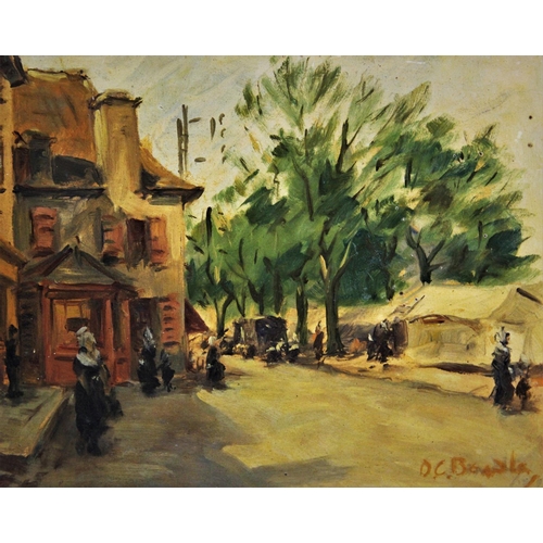 334 - Oliver C Beadle (1907-1971),  
Double sided oil on board,  
A street scene, with a market scene vers... 