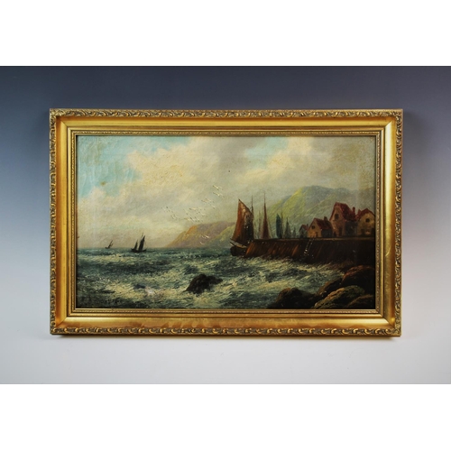 337 - English school,  
Oil on canvas,  
Harbour scene,  
Indistinctly signed 'Morris',  
28.5cm x 49.5cm,... 