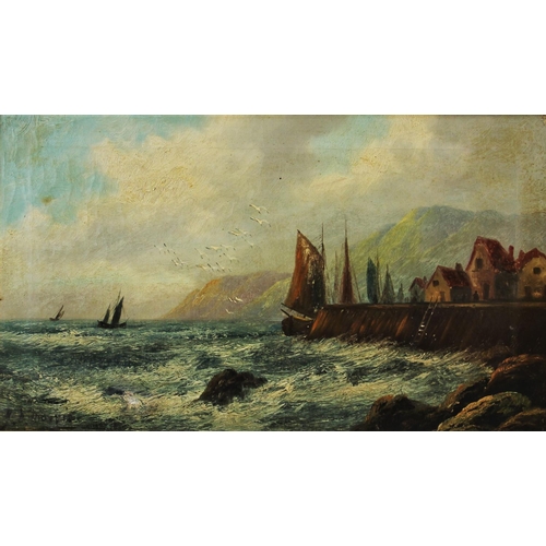 337 - English school,  
Oil on canvas,  
Harbour scene,  
Indistinctly signed 'Morris',  
28.5cm x 49.5cm,... 