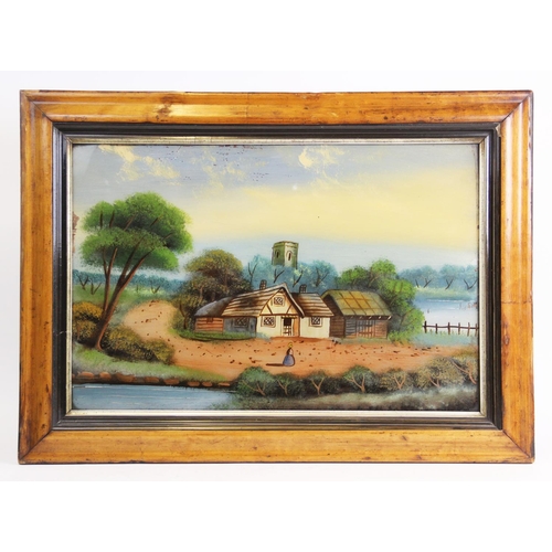 343 - Continental school,  
Reverse oil on glass,  
A naive village scene with oil and river,  
Unsigned, ... 