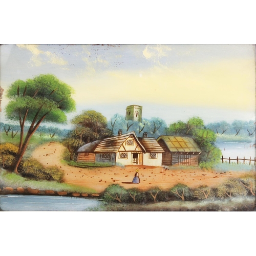 343 - Continental school,  
Reverse oil on glass,  
A naive village scene with oil and river,  
Unsigned, ... 