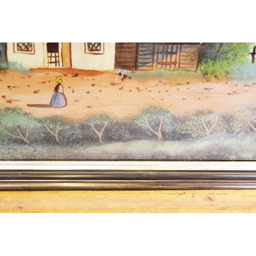 343 - Continental school,  
Reverse oil on glass,  
A naive village scene with oil and river,  
Unsigned, ... 