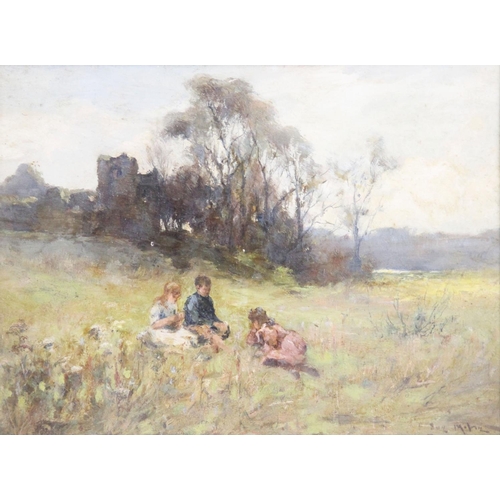 345 - English school,  
Oil on board,  
Three children in a country landscape,  
Indistinctly signed lower... 